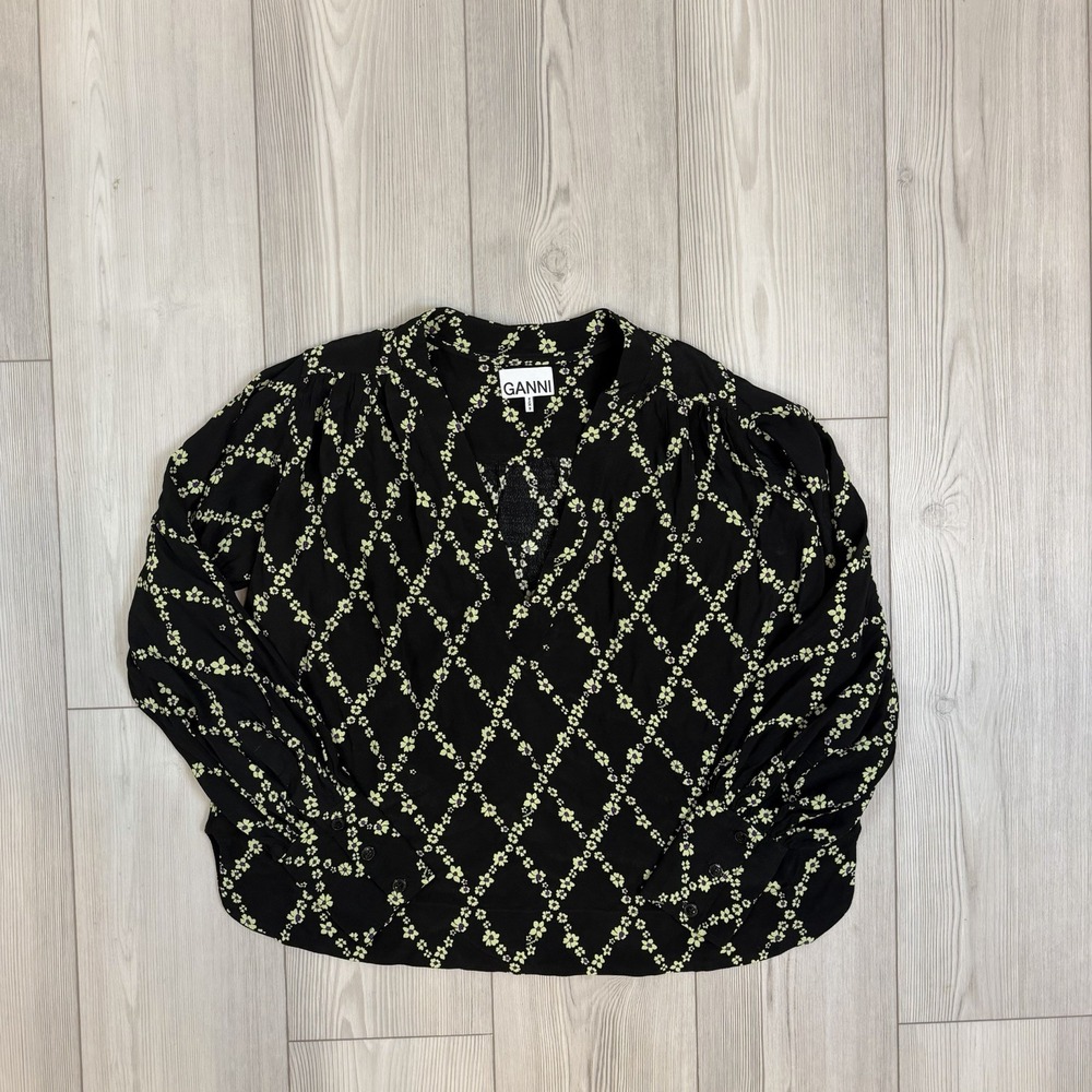 Ganni EU 34 / US XS 2 Printed Crepe Blouse Floral Black V-Neck Long Sleeve